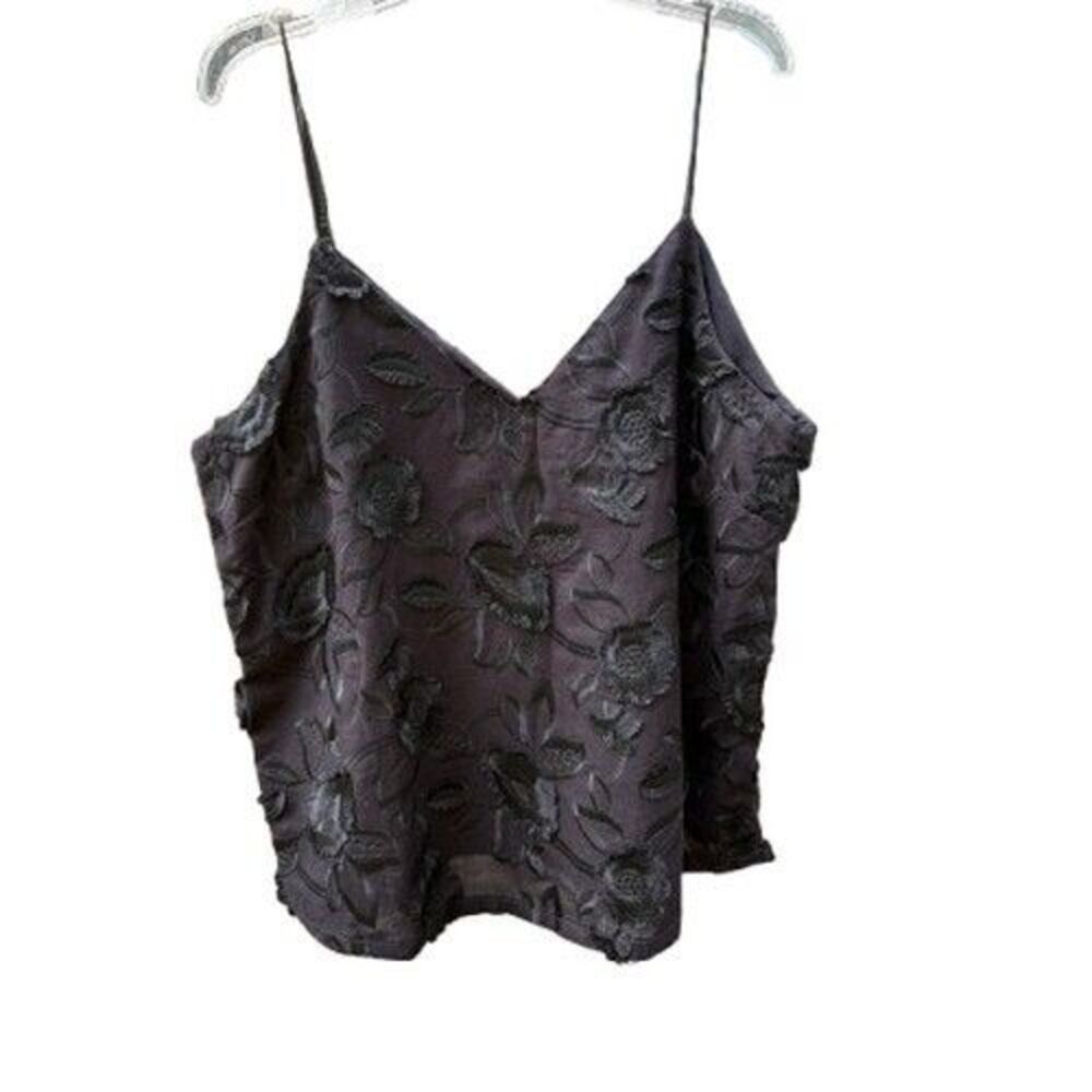 Ophelia Roe Womens Camisole Size L Embroidered Textured Lined V Neck Black